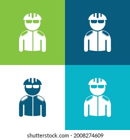 Bicyclist con casco y chaqueta Flat cuatro colores mínimo conjunto de iconos