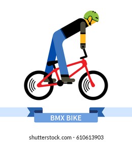 Bicyclist on bmx bike. Simple side view clipart drawing in flat color. Isolated bmx bicycle vector illustration