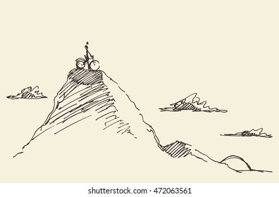Bicyclist on top of a mountain with flag, winner concept, vector illustration, sketch