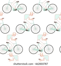Bicyclist pattern on white background. Cute bicyclist seamless vector pattern for wallpaper, web page background, textile design, graphic design.