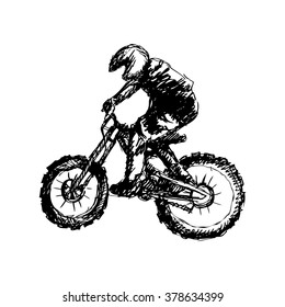 Bicyclist rider man with bike. Sketchy style.
