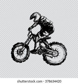Bicyclist rider man with bike. Sketchy style.