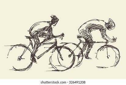 Bicyclist rider men with bikes isolated on background, vector illustration, hand drawn, sketch