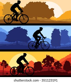 Bicyclist riding bicycle background silhouette vector illustration landscape set with sunsets
