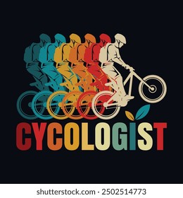 Bicyclist is shown with the word cycologist. typography T-shirt, textile fabrics, retro style, bicycle t shirt design, mountain bike tee, vector illustration, graphic template, print on demand.
