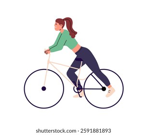 Bicyclist in sportswear training. Happy girl rides on bicycle. Young woman cycling outdoors. Cyclist does sports workout with bike in summer. Flat isolated vector illustration on white background