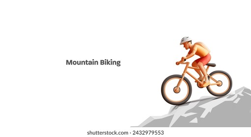 Bicyclist traveler with backpack riding a bike on mountain, 3d render illustration