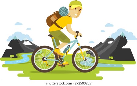 Bicyclist traveler with backpack riding a bike on mountain background  in flat style