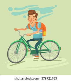 Bicyclist traveler with backpack. Vector flat illustration