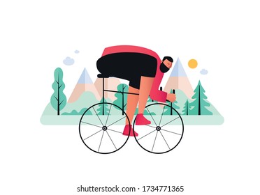 A bicyclist-biker overcomes cross country in a mountainous area. Cross-country mountain Biking. Vector illustration of extreme sports