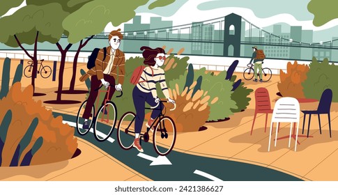 Bicyclists in eco park. Happy man and woman riding bicycles outdoors. Physical activity and entertainment in nature. Characters walking on bike. Design for banner. Cartoon flat vector illustration