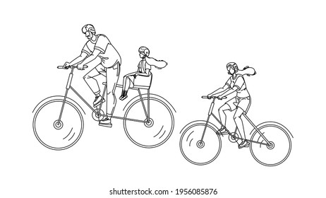 Bicyclists Family Riding Together In Park Black Line Pencil Drawing Vector. Bicyclists Mother And Father With Daughter Ride Bicycles. Characters Cyclists On Bikes Active Sport Weekend Time 