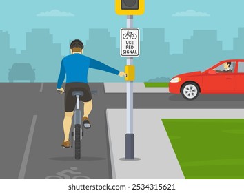 Señal de tráfico de "ciclistas, uso de señal led". El ciclista se detiene y empuja el Botón de señal peatonal en la intersección. Vista posterior. Plantilla de Ilustración vectorial plana.