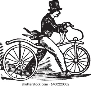 Bicyle is a form of velocipede or highly built wheeled vehicle propelled by the person who occupies it, vintage line drawing or engraving illustration.