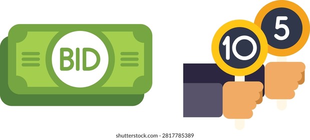Bid auction button with numeric values 10 and 5 on green background vector icon
