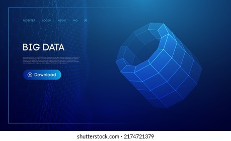 Bid Data Blue Background. Wireframe Cylinder Vector. Network Connection.