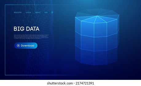 Bid Data Blue Background. Wireframe Cylinder Vector. Network Connection.