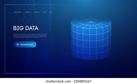 Stark datenblauer Hintergrund. Wireframe-Zylinder-Vektor. Netzwerkverbindung.