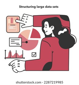 Bid data structuring. Data science and optimization for machine learning and server efficiency. Big data filtering and analysis. Chart and graph, diagram research. Flat vector illustration