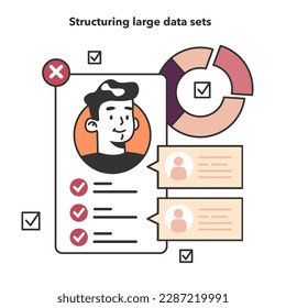 Bid data structuring. Data science and optimization for machine learning and server efficiency. Big data filtering and analysis. Chart and graph, diagram research. Flat vector illustration