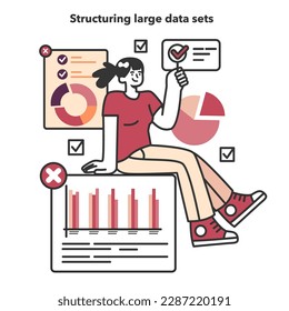 Bid data structuring. Data science and optimization for machine learning and server efficiency. Big data filtering and analysis. Chart and graph, diagram research. Flat vector illustration