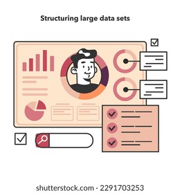 Bid data structuring. Data science and optimization for machine learning and server efficiency. Big data filtering and analysis. Chart and graph, diagram research. Flat vector illustration