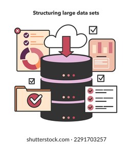 Bid data structuring. Data science and optimization for machine learning and server efficiency. Big data filtering and analysis. Chart and graph, diagram research. Flat vector illustration