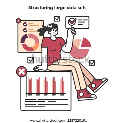 Bid data structuring. Data science and optimization for machine learning and server efficiency. Big data filtering and analysis. Chart and graph, diagram research. Flat vector illustration