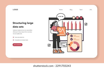 Bid data structuring web banner or landing page. Data optimization for machine learning and server efficiency. Big data filtering. Chart and graph, diagram research. Flat vector illustration