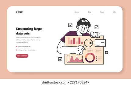Bid data structuring web banner or landing page. Data optimization for machine learning and server efficiency. Big data filtering. Chart and graph, diagram research. Flat vector illustration