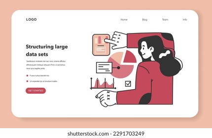 Bid data structuring web banner or landing page. Data optimization for machine learning and server efficiency. Big data filtering. Chart and graph, diagram research. Flat vector illustration