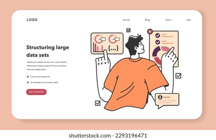 Bid data structuring web banner or landing page. Data optimization for machine learning and server efficiency. Big data filtering. Chart and graph, diagram research. Flat vector illustration