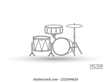 Bid drum set crash base isolated on a white background with the place for text drums outline flat style vector illustration.