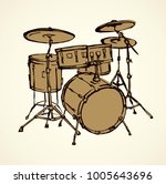 Bid drumset crash base on white backdrop. Freehand line black ink drawn object logo emblem design in artistic vintage cartoon scribble etching style pen on paper with space for text