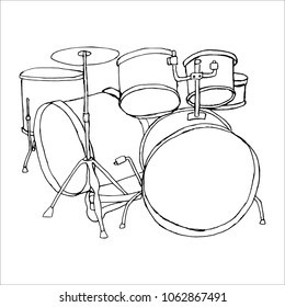 Bid drumset crash base on white backdrop. Freehand line black ink drawn object