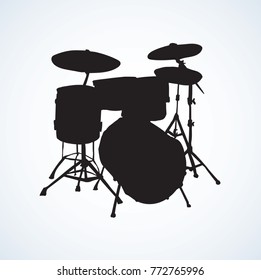 Bid drumset crash base on light backdrop. Dark ink drawn object logotype design in artistic contour print style with space for text