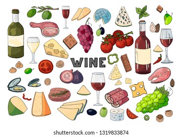 Bid hand drawn set with wine, different cheese, grape, vegetables isolated on white background. Vector doodle wine set