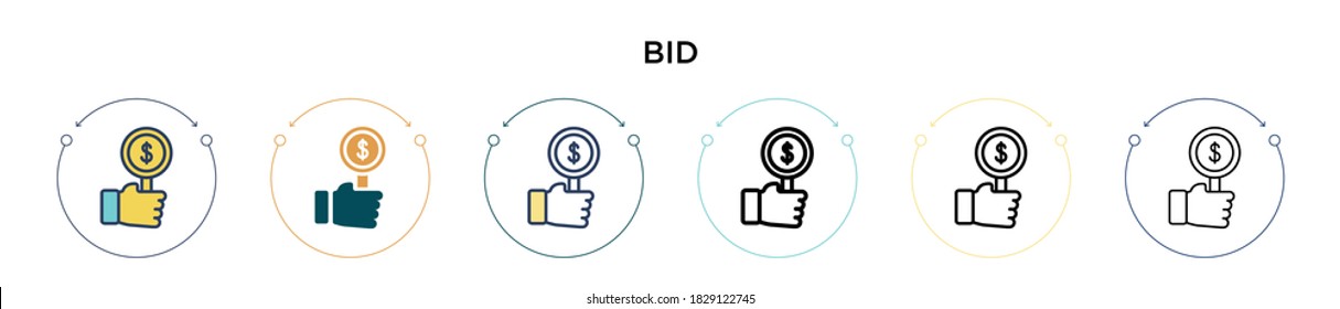 Bid icon in filled, thin line, outline and stroke style. Vector illustration of two colored and black bid vector icons designs can be used for mobile, ui, web