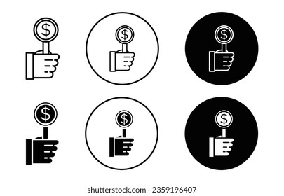 Bid icon set. auction offer rise paddle with hand vector symbol in black filled and outlined style.