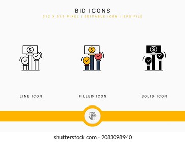Bid icons set vector illustration with solid icon line style. Auction act concept. Editable stroke icon on isolated background for web design, user interface, and mobile application