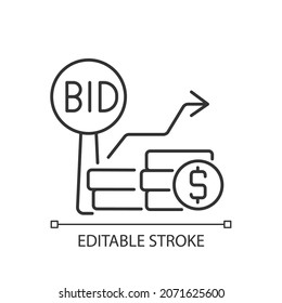 Bid increments linear icon. Minimum price increasing. Competitive bargaining. Public sales. Thin line customizable illustration. Contour symbol. Vector isolated outline drawing. Editable stroke