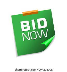 Bid Now Green Sticky Notes Vector Icon Design