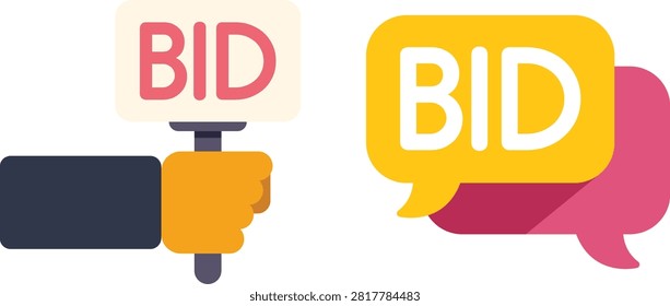 Bid bid offer accept symbol icon vector illustration with yellow and purple background