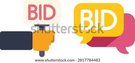 Bid bid offer accept symbol icon vector illustration with yellow and purple background