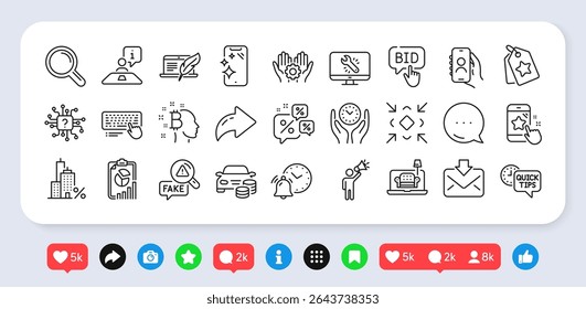Bid offer, Buy car and Safe time line icons pack. Social media: share, comment, like icons. Bitcoin think, Monitor repair, User call web icon. Star rating, Fake news, Minimize pictogram. Vector