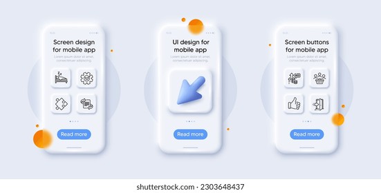 Bid offer, Buyers and Cogwheel line icons pack. 3d phone mockups with cursor. Glass smartphone screen. Like hand, Sleep, Strategy web icon. Entrance, Marketing pictogram. For web app, printing. Vector