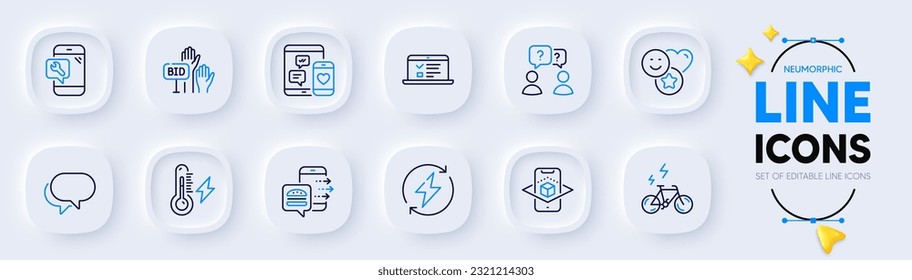 Bid offer, E-bike and Teamwork questions line icons for web app. Pack of Augmented reality, Renewable power, Social media pictogram icons. Smile, Food order, Web lectures signs. Vector