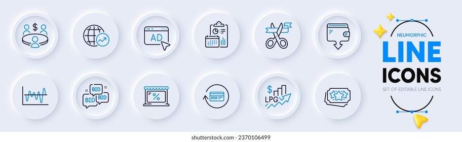 Bid offer, Market and Ad line icons for web app. Pack of Refund commission, Rise price, Report pictogram icons. World statistics, Cut ribbon, Meeting signs. Wallet, Stock analysis. Vector