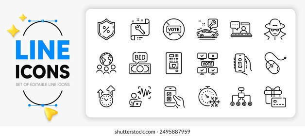 Bid offer, Mobile survey and Online voting line icons set for app include Loan percent, Global business, Voice wave outline thin icon. Computer mouse, Support, Fraud pictogram icon. Vector