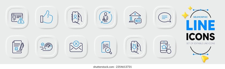 Bid offer, Reject file and Star rating line icons for web app. Pack of Download app, Inspect, Chat pictogram icons. Replacement, User call, Reject mail signs. Like, Speedometer. Vector